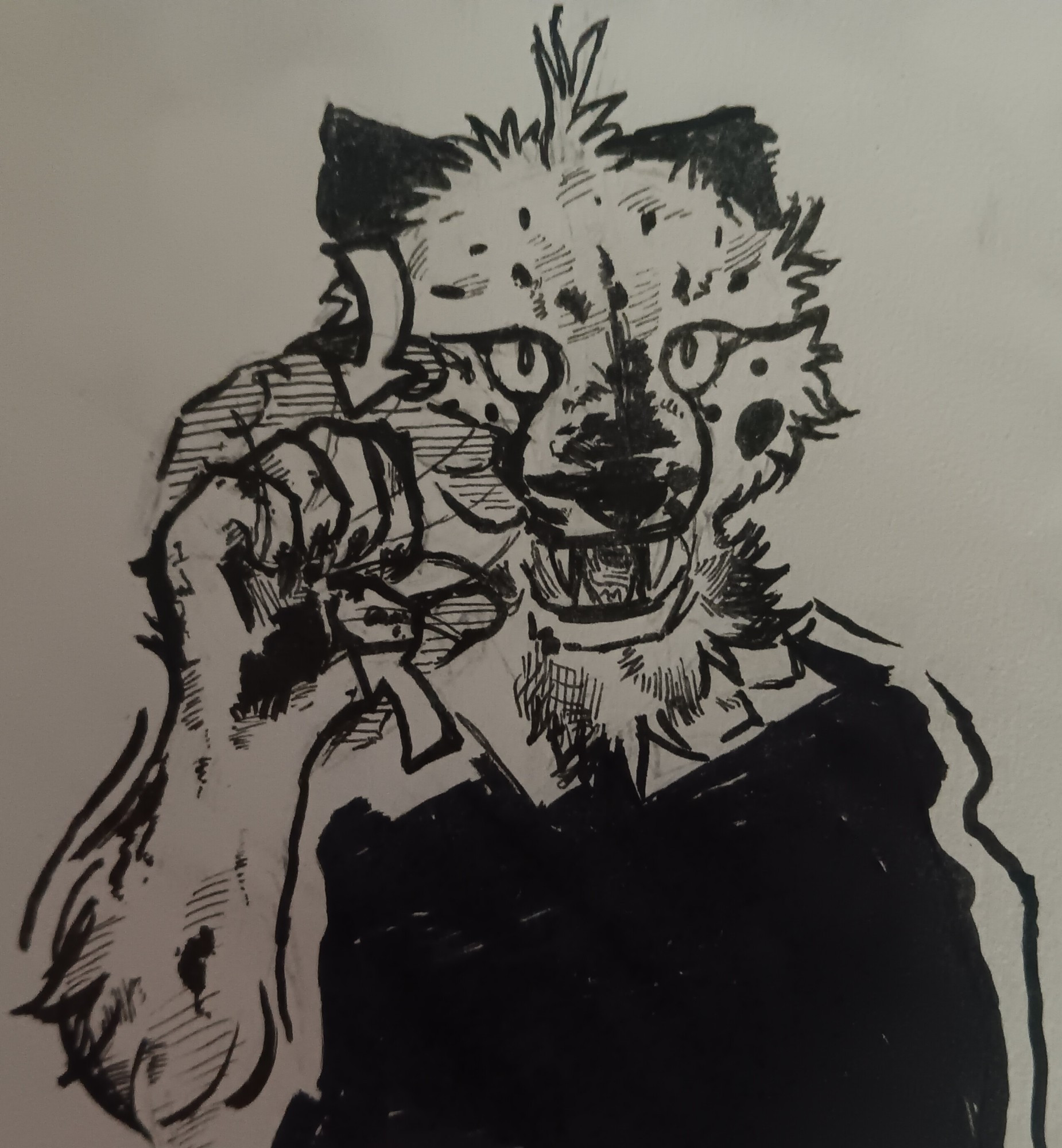 a black ink drawing of seònaid. ve is signing the ASL word for 'BITE,' with a hand forming a claw. ve is snarling, and looking at the viewer.