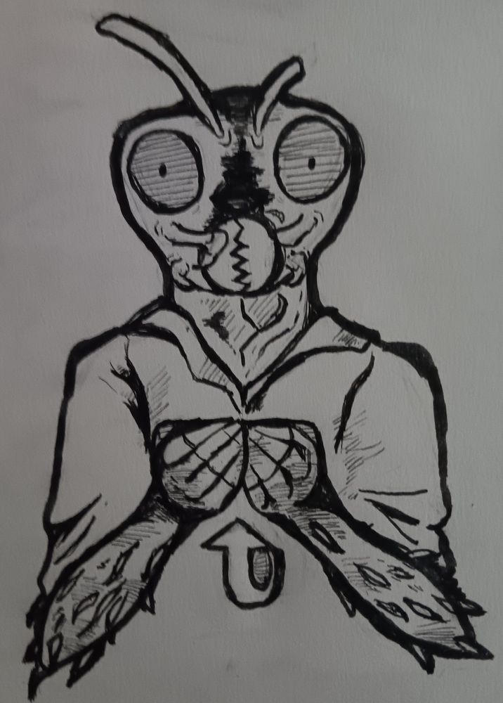 a black ink illustration of jara, a cricket anthro, signing the ASL word for 'BOAT.' at the time of updating this page, this is the easiest-to-parse drawing of her current design that i have. her left antenna is cut in half, and her larger left mandible is broken off at the first joint. she has bristles on her arms similar to many other crickets. she is staring blankly 'at the viewer' as she signs - because she has compound eyes, she always has one small pupil in the center of each eye.