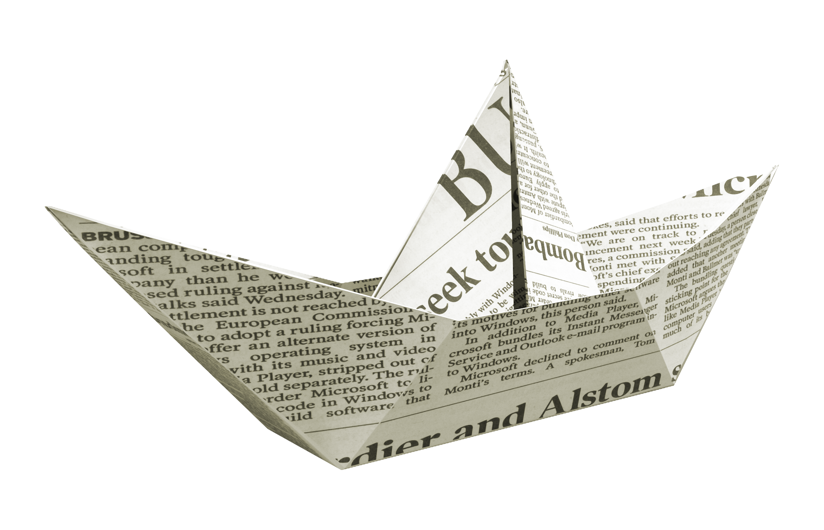 a transparent stock photo of a boat folded out of newspaper. it is folded crispy and nicely.