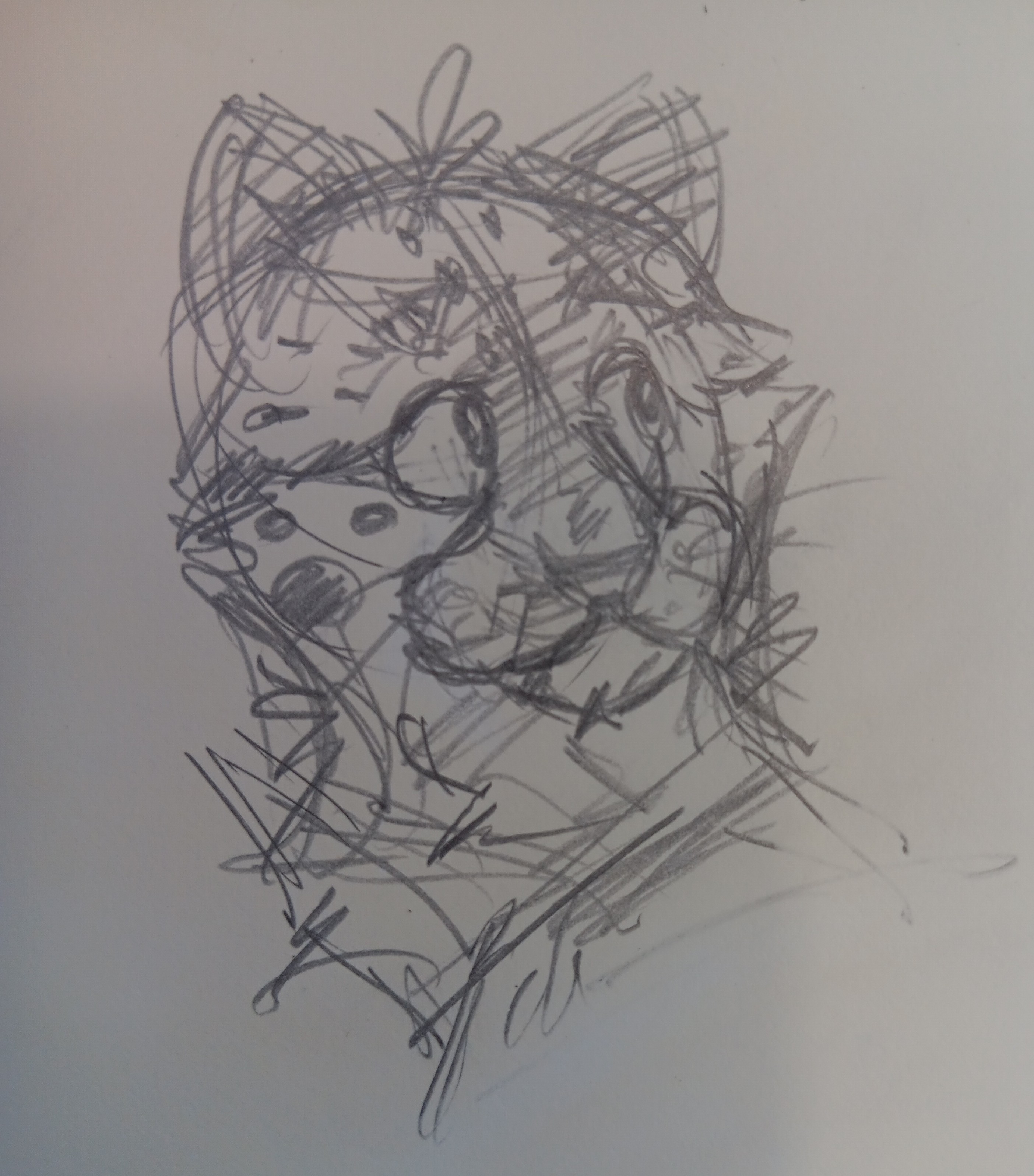 pencil sketch of seònaid, a cheetah furry. ve has short fur, except for a tall shoot of hair at the back/top of vir head. vir spots are all in groups of three, and each cheek has one large spot surrounded by two smaller spots. ve is looking to the right at a 3/4 angle with a light expression.