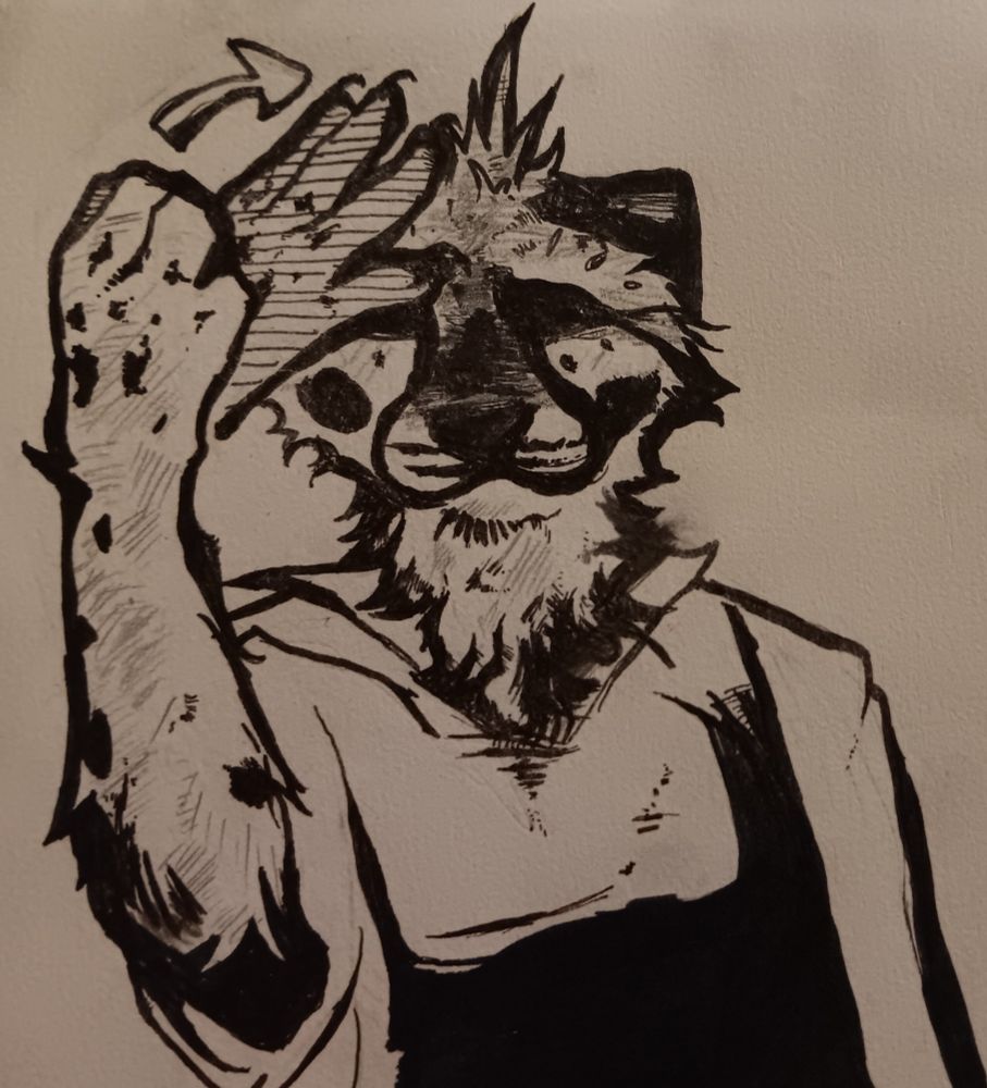 a black ink and pencil drawing of seònaid. ve is signing the ASL word for 'SUNSHINE,' smiling with vir eyes closed.