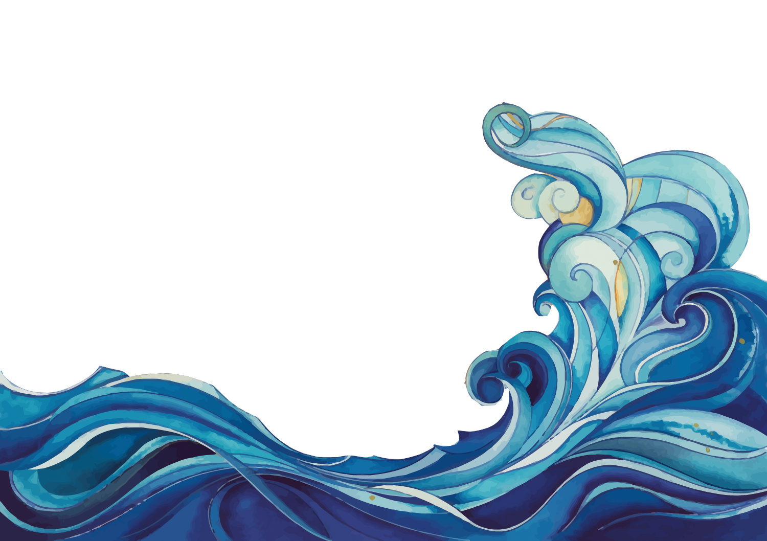 a transparent stock image of a drawing of water waves. they are flowing up and to the right in rounded rolls. the drawing is stylized like stained glass, and is done in shades of blue and yellow.